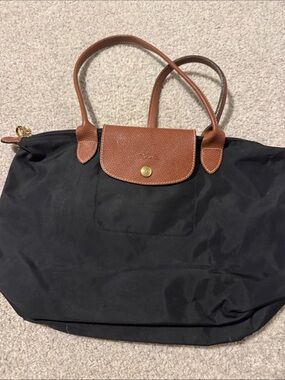 Longchamp Black Tote with Brown Leather Trim